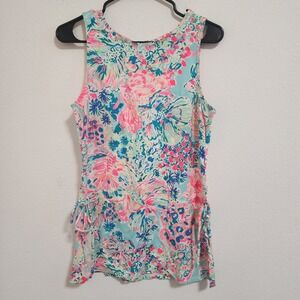 Lilly Pulitzer Sleeveless dress Floral‎ Print Side Tie Aqua Pink Blue Small